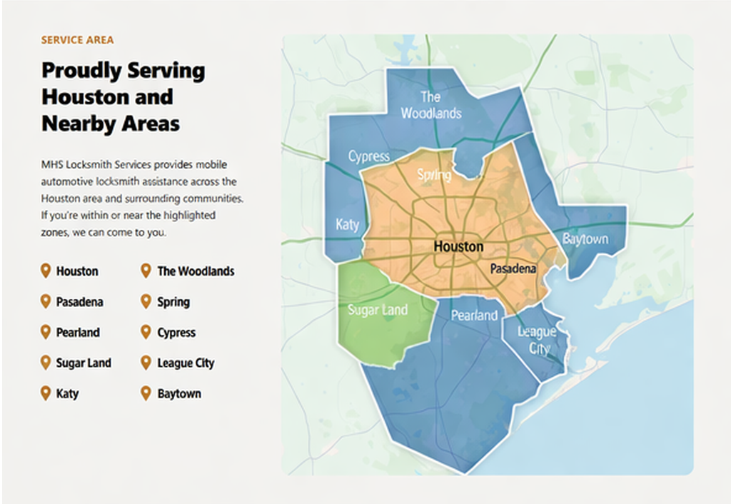 MHS Locksmith Services coverage area map for Houston and surrounding areas